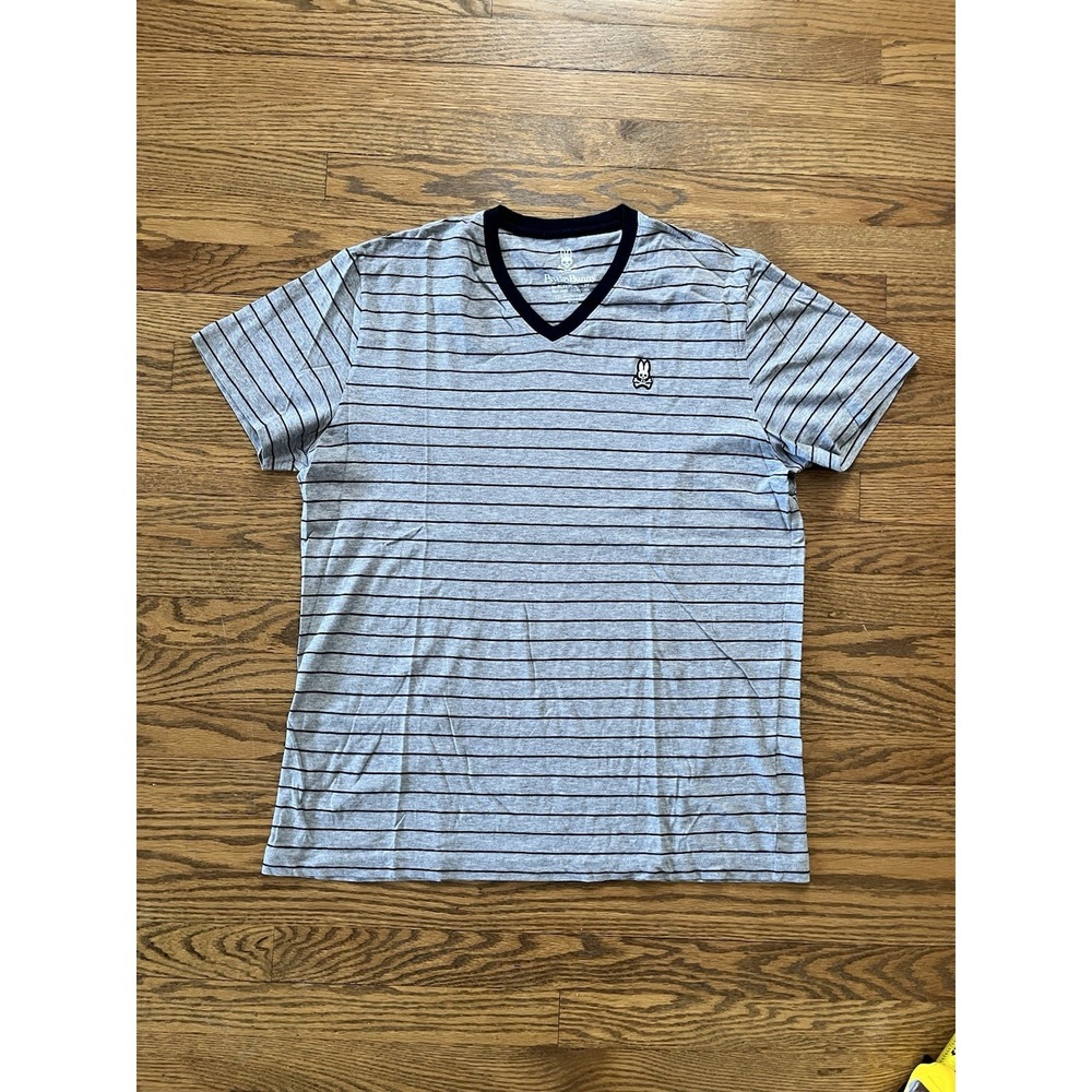 Psycho Bunny Gray & Navy Striped V Neck Designer T Shirt Size 6 Large Cotton